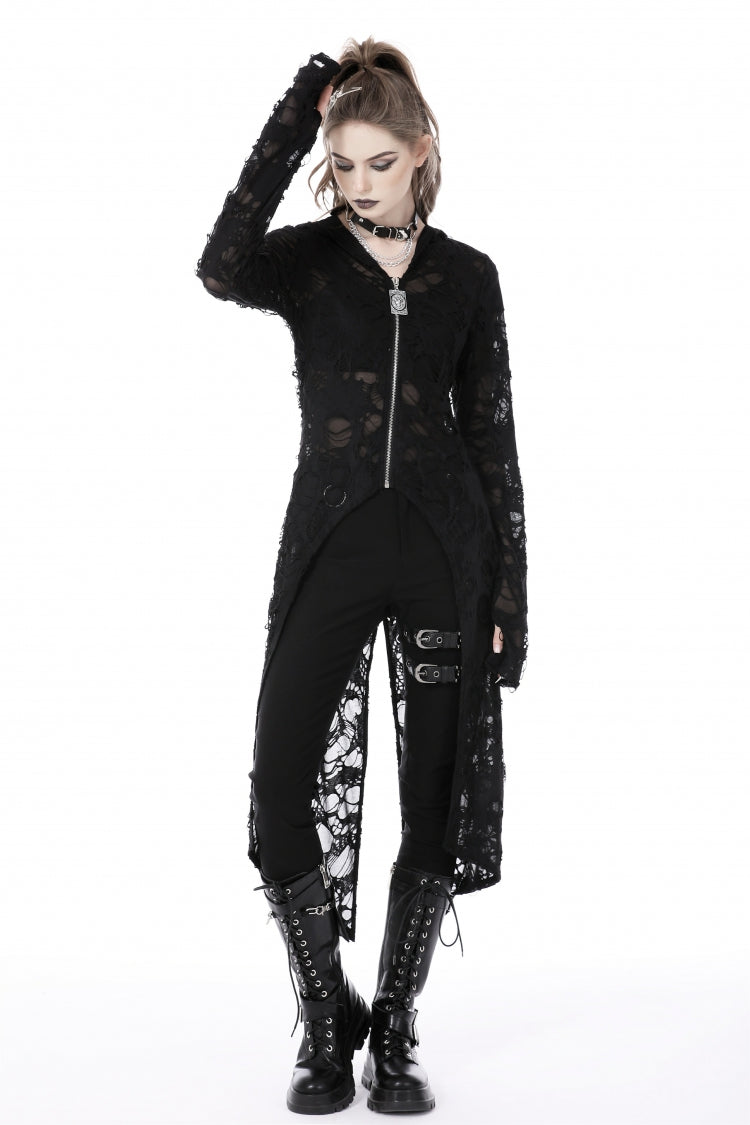 Black Long Sleeves Split Ripped Zippered Women's Punk Long Coat with Hood - Product - 9
