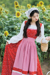 Red French Country Floral Shepherd Square Collar Long Sleeves Printed Ruffled Classic Vintage Lolita Dress - Product - 6