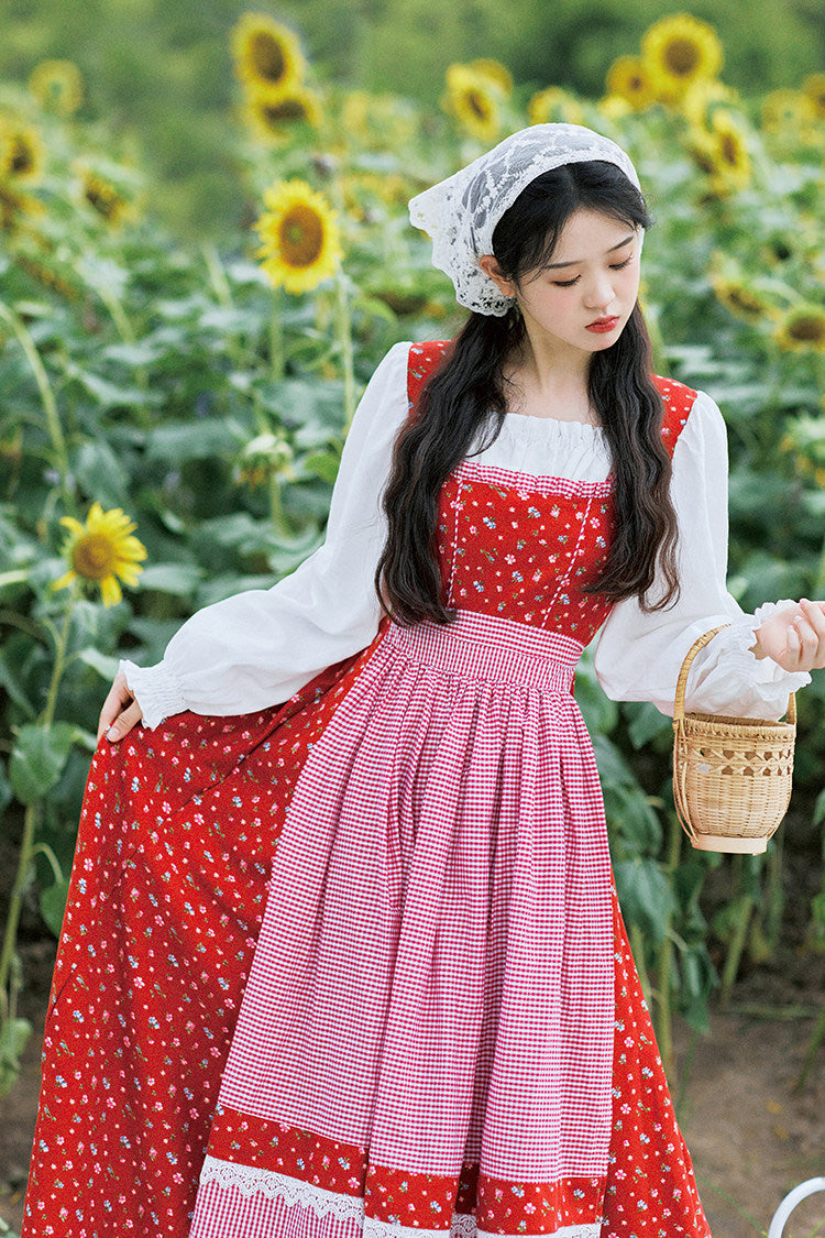 Red French Country Floral Shepherd Square Collar Long Sleeves Printed Ruffled Classic Vintage Lolita Dress - Product - 6
