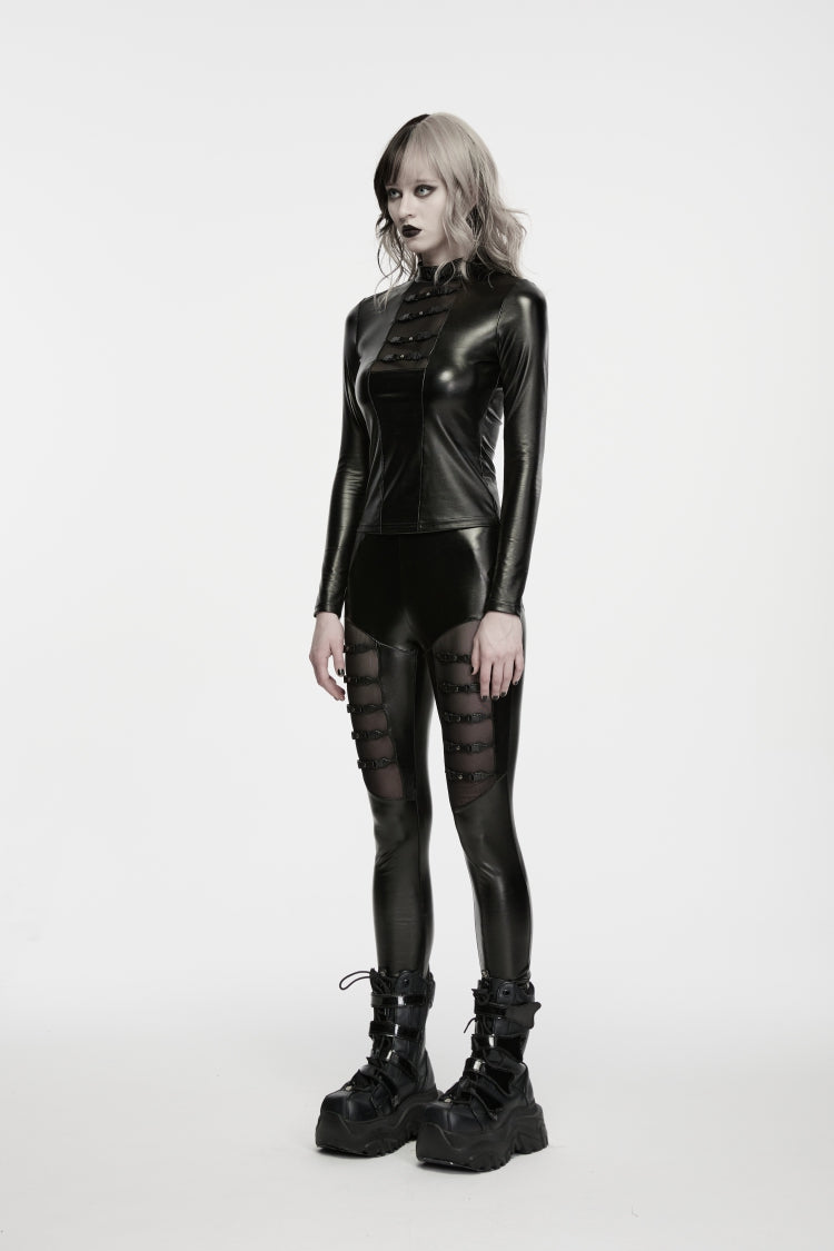 Black Patchwork Slim Fit Buckled Eyelet Women's Punk Cool Leggings - Product - 2