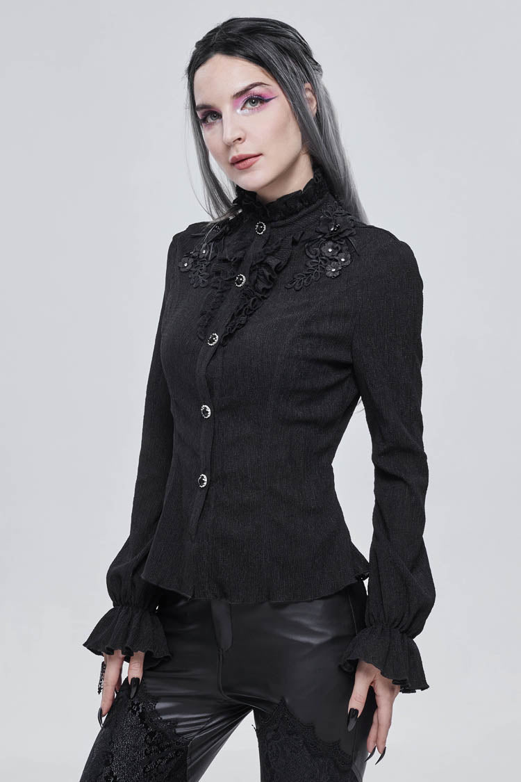 Black Lace High Neck Three Dimensional Embroidered Lantern Trumpet Sleeves Women's Gothic Shirt - Product - 2