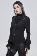 Black Lace High Neck Three Dimensional Embroidered Lantern Trumpet Sleeves Women's Gothic Shirt - Product - 2