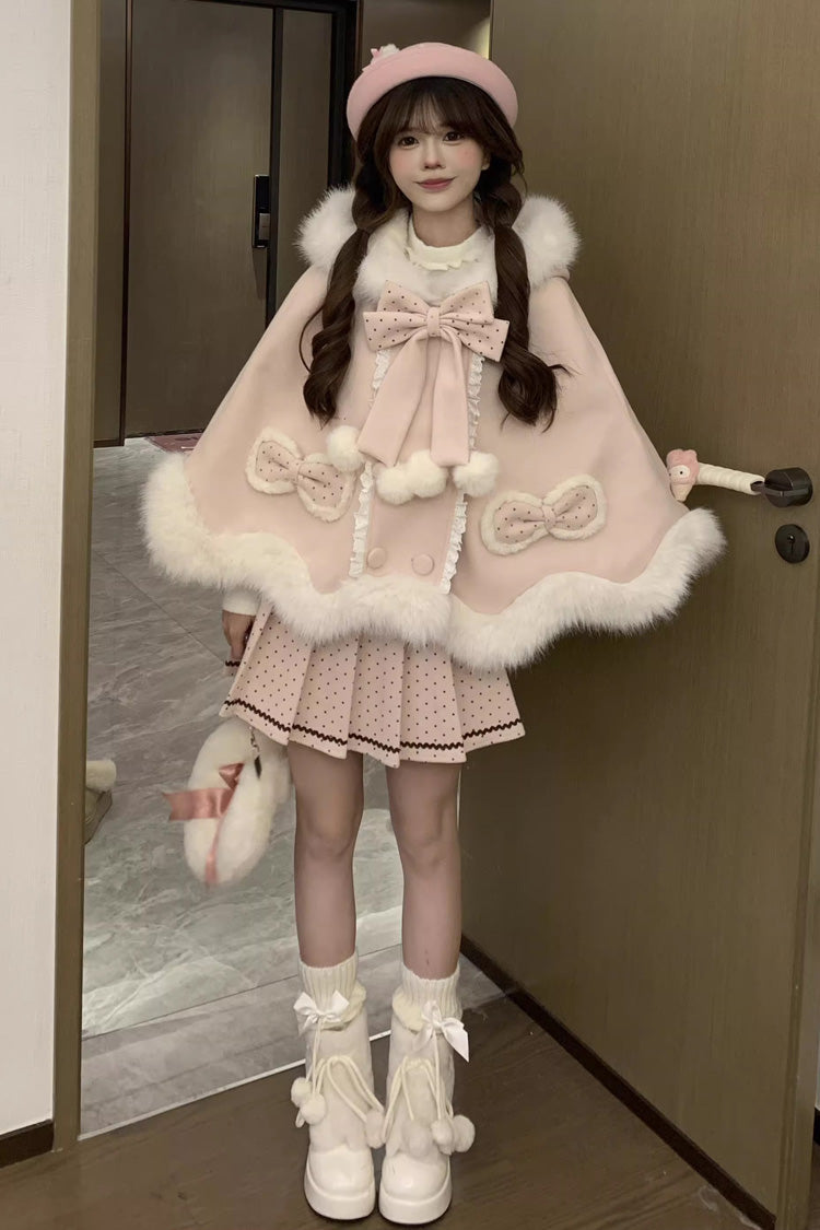 Pink [Sea Salt Guava] Polka Dot Printed Ruffled Bow Hooded Sweet Princess Lolita Dress Cloak Set - Dress - 2