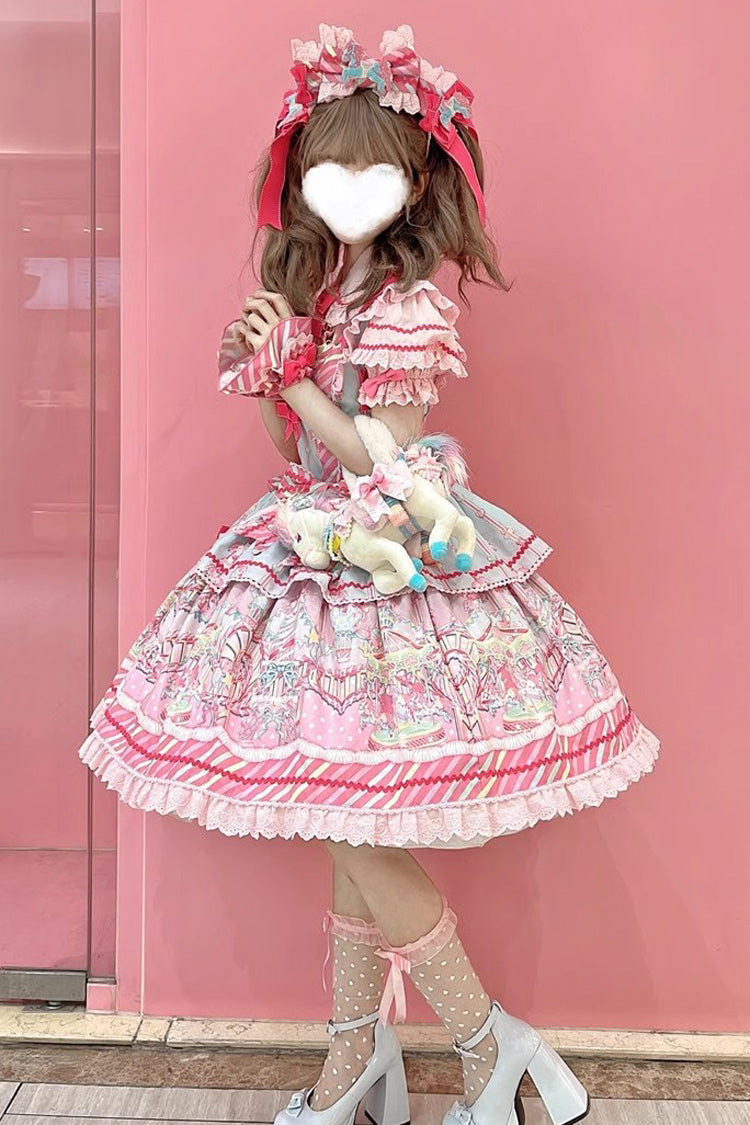 Blue/Pink Candy Park Print Ruffle Bowknot Sweet Lolita Jsk Dress - Product - 4