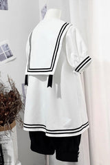 Black/White [Old Stories] Navy Collar Short Sleeves Bowknot Ouji Gothic Lolita Blouse Shorts Set - Product - 13