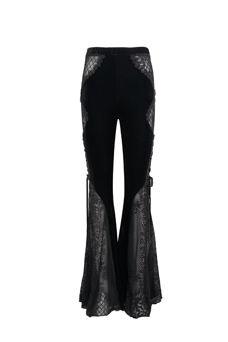Black Translucent Velvet Jacquard Sexy Panel Lace-Up Plaid Flared Gothic Women's Pants - Product - 7