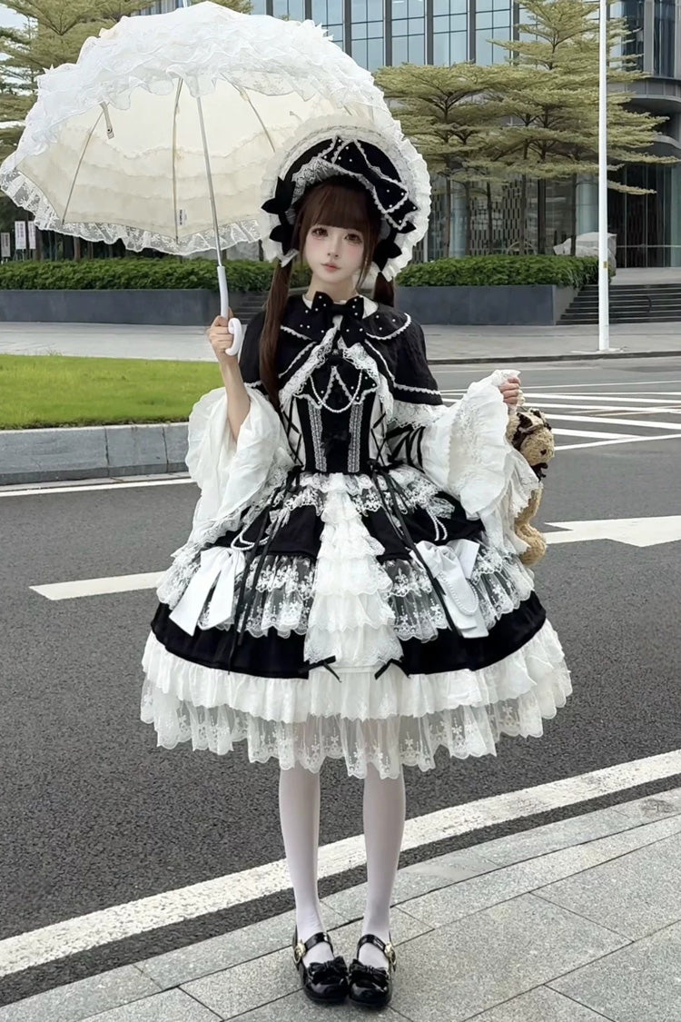 [Sakura Love] Multi-Layered Jacquard Ruffle Embroidery Cardigan Bowknot Lace Sweet Gorgeous Lolita Jsk Dress 3 Colors - Black/White - 10