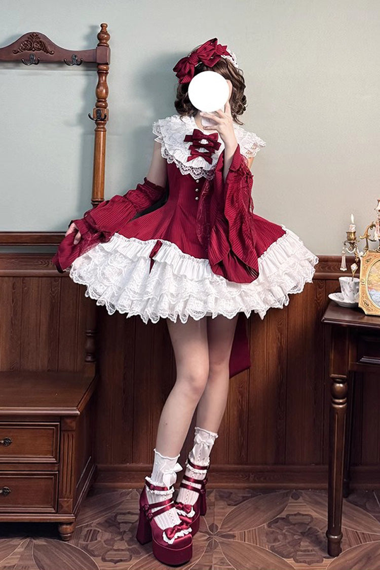 Red [Miss Tsundere] Sleeveless Multi-Layered Ruffle Bowknot Lace Asymmetric Sweet Princess Lolita Dress - Product - 12