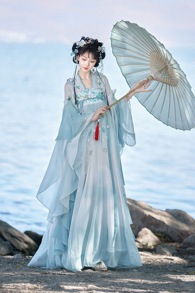 Blue [Blue Ocean] High Waisted Embroidered Lace Women's Sweet Hanfu Dress Full Set - Product - 4