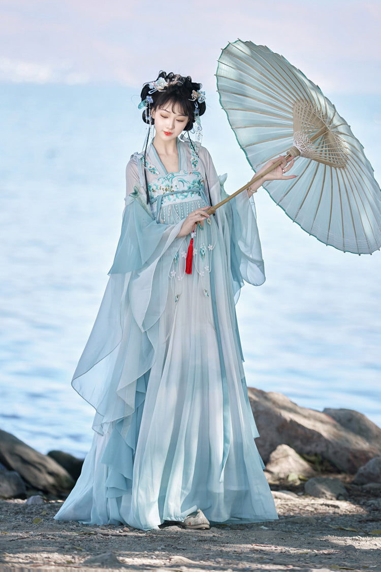 Blue [Blue Ocean] High Waisted Embroidered Lace Women's Sweet Hanfu Dress Full Set - Product - 4