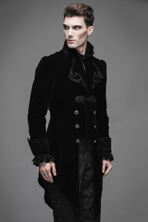 Black Embroidered Collar Long Sleeves Mens Velveteen Tuxedo Gothic Coat - Product - 4