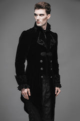 Black Embroidered Collar Long Sleeves Mens Velveteen Tuxedo Gothic Coat - Product - 4