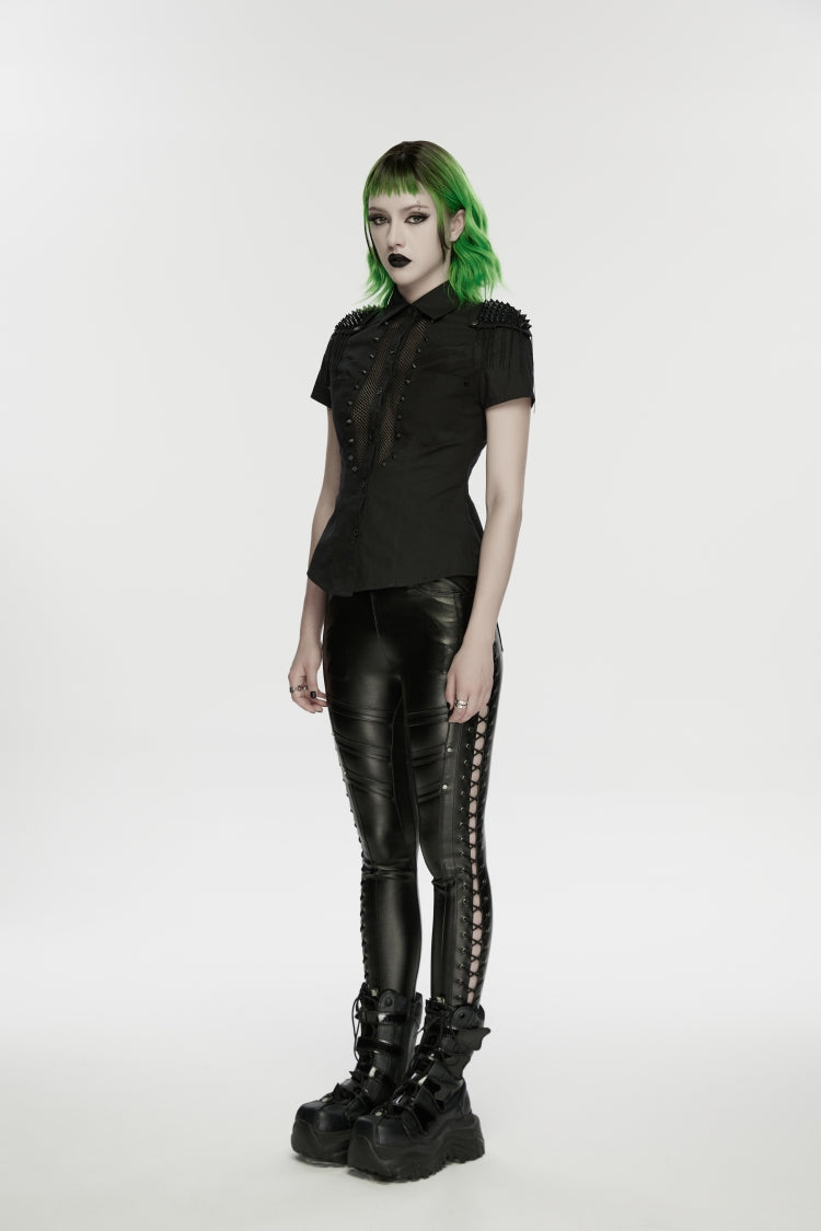 Black Studded Women's Punk  Drawstring Leggings - Product - 4