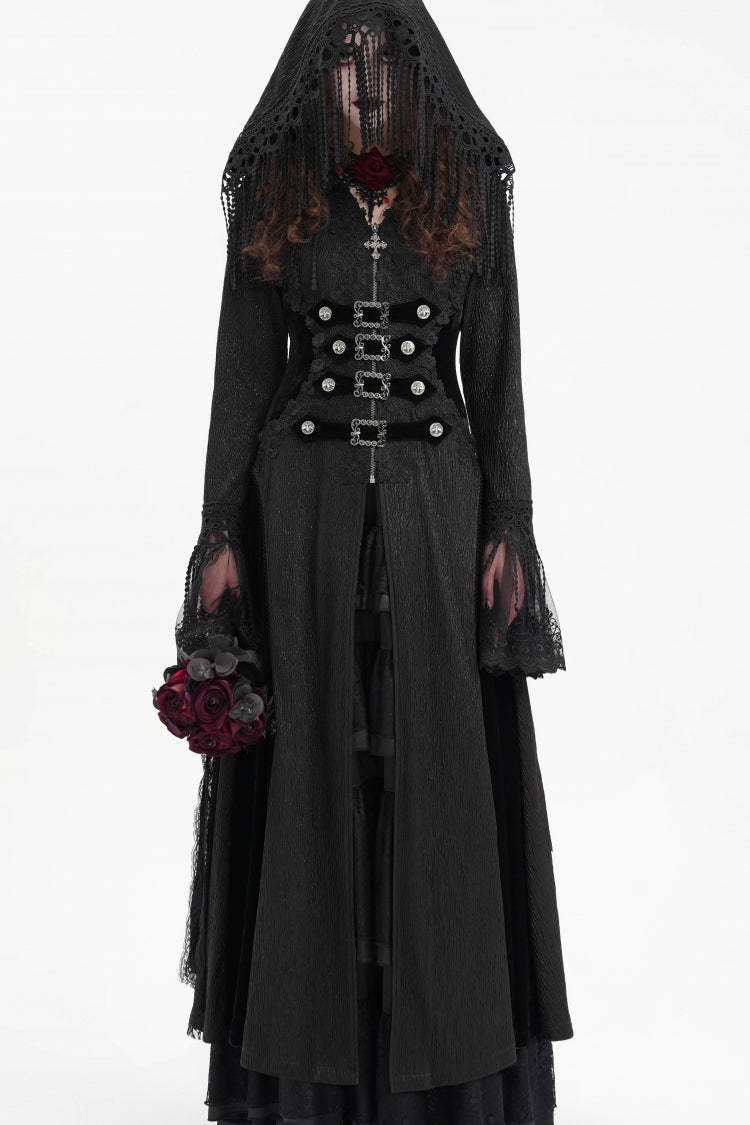 Black Buckle-up Tassels Hooded Women's Gothic Coat - Product - 2