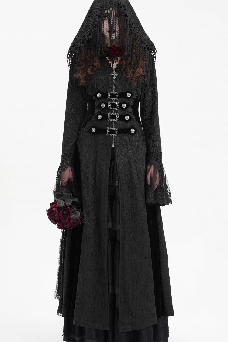 Black Buckle-up Tassels Hooded Women's Gothic Coat - Product - 2