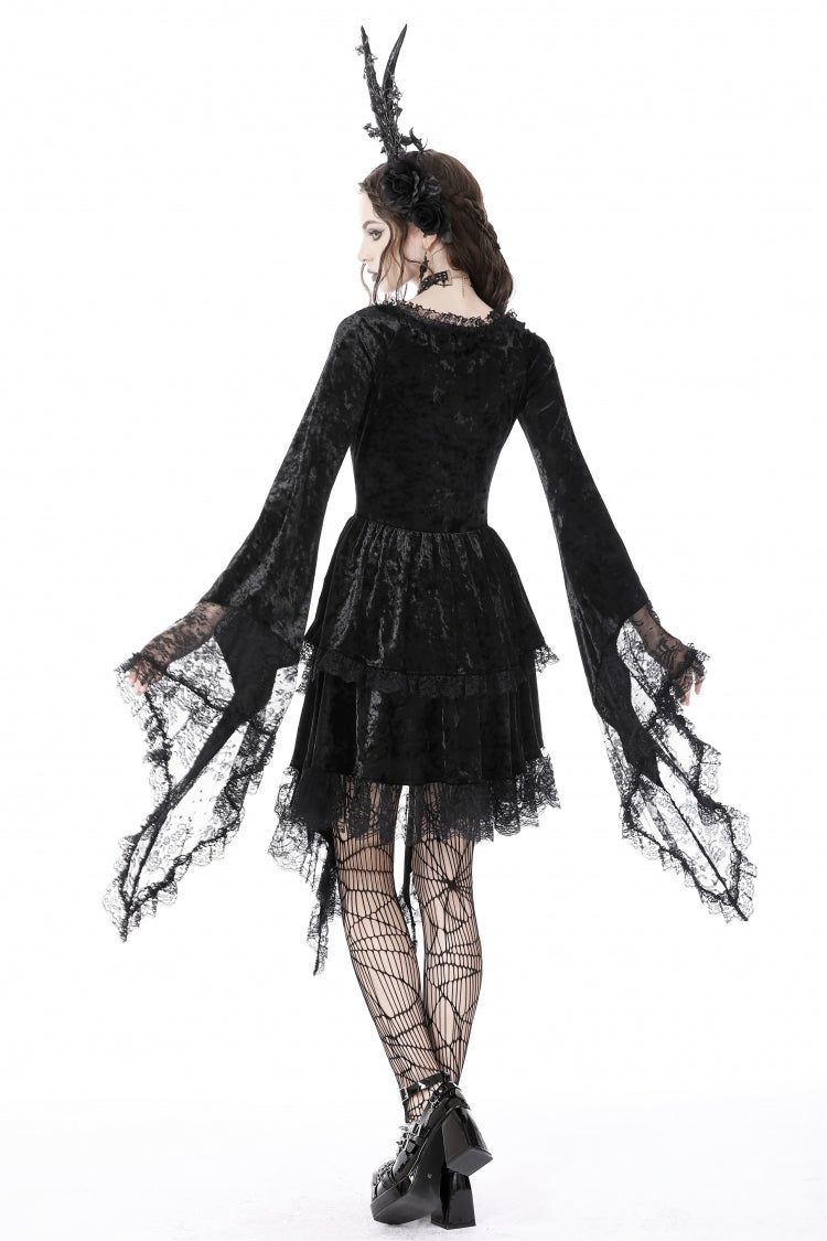 Black Irregular Long Trumpet Sleeves Lace Spliced Women's Gothic Velvet Graduation Dress - Product - 4