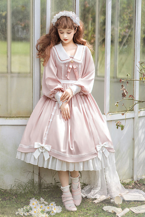 Doll Collar Lantern Sleeves High Waist Sweet Lolita OP Dress - Pink - 3