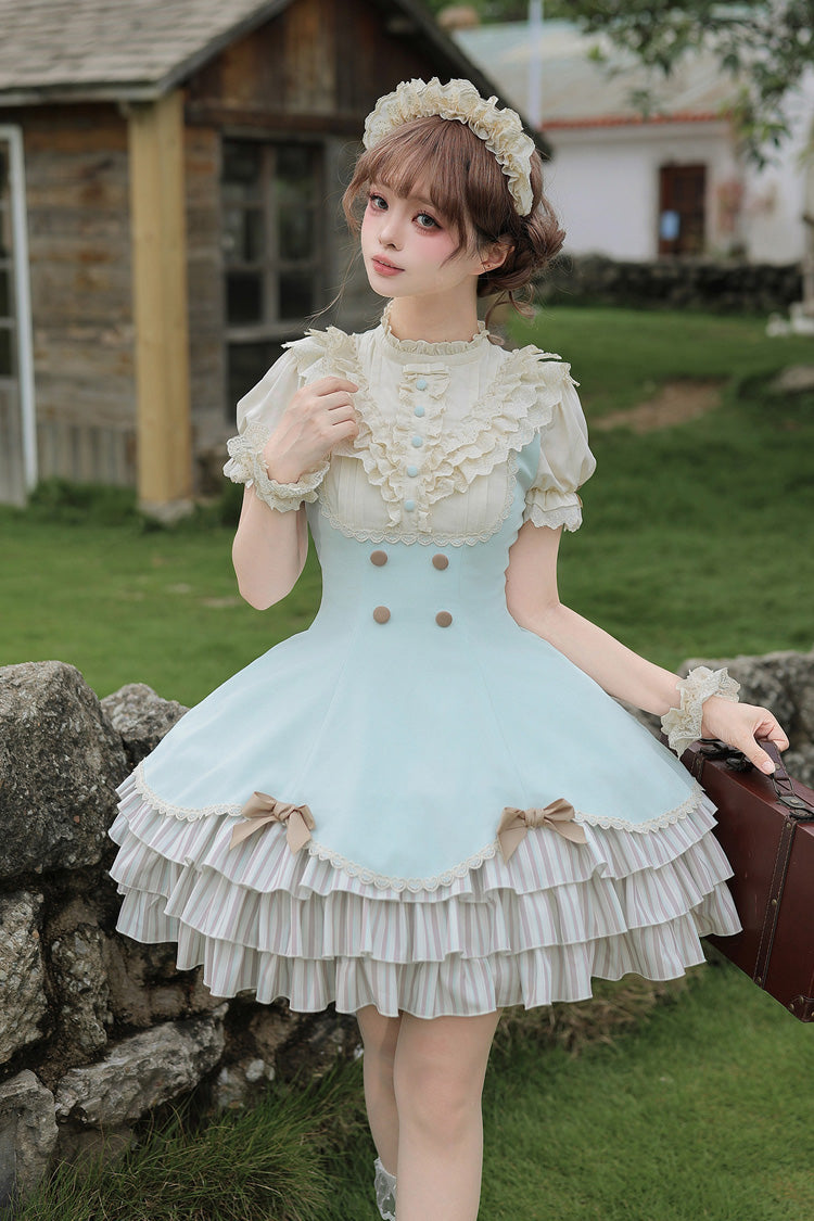 Blue [Sea Salt Snow Cap] Stand Collar Short Sleeves Petal Hem Ruffled Bow Sweet Lolita Dress Set 2 Versions - Product - 3