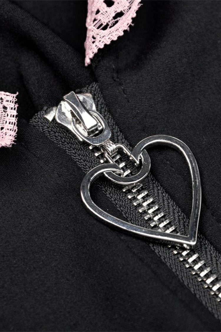 Black/Pink Short Puff Sleeves Lace Ruffled Lace-Up Zippered Women's Lolita Gothic Crop Top with Cat Hood - Product - 13