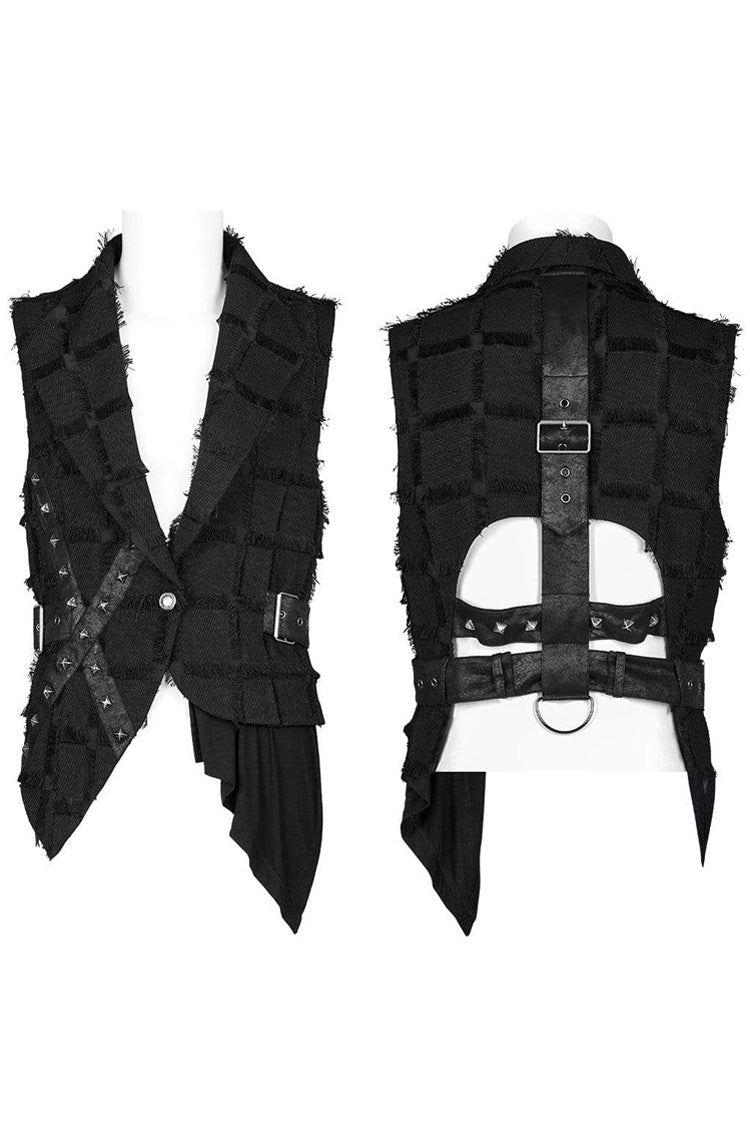 Black Gothic Asymmetrical Decadence Hairy Flu Back Cutout Design Leather Strip Metal Rivets Men's Vest - Product - 5