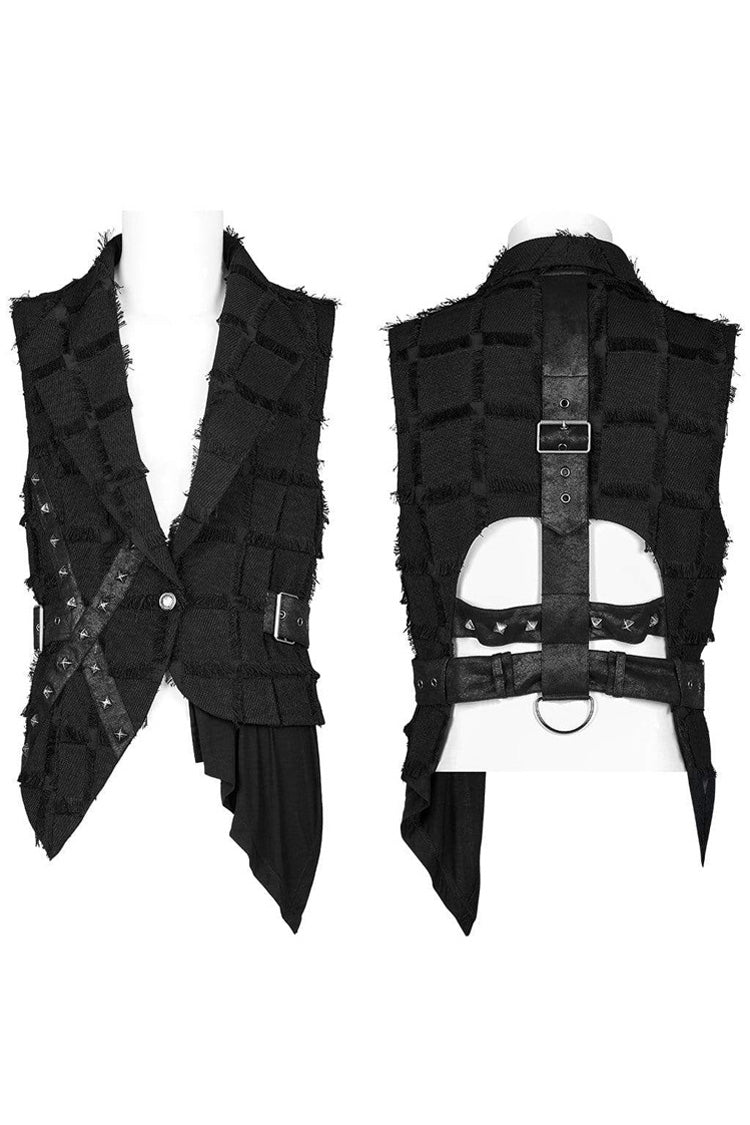 Black Gothic Asymmetrical Decadence Hairy Flu Back Cutout Design Leather Strip Metal Rivets Men's Vest - Product - 5