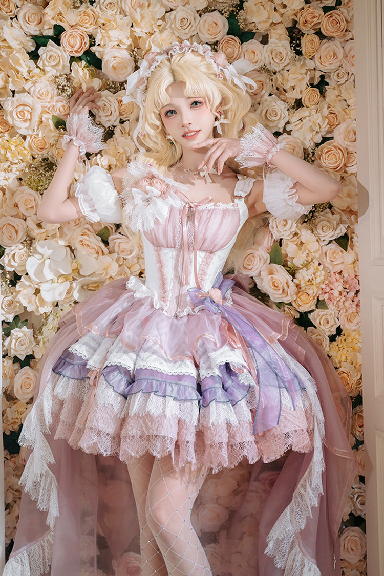 Pink/Purple [Rose Memoirs] Sleeveless Multi-Layered Bowknot Lace Sweet Lolita Skirt Set - Pink/Purple - 1