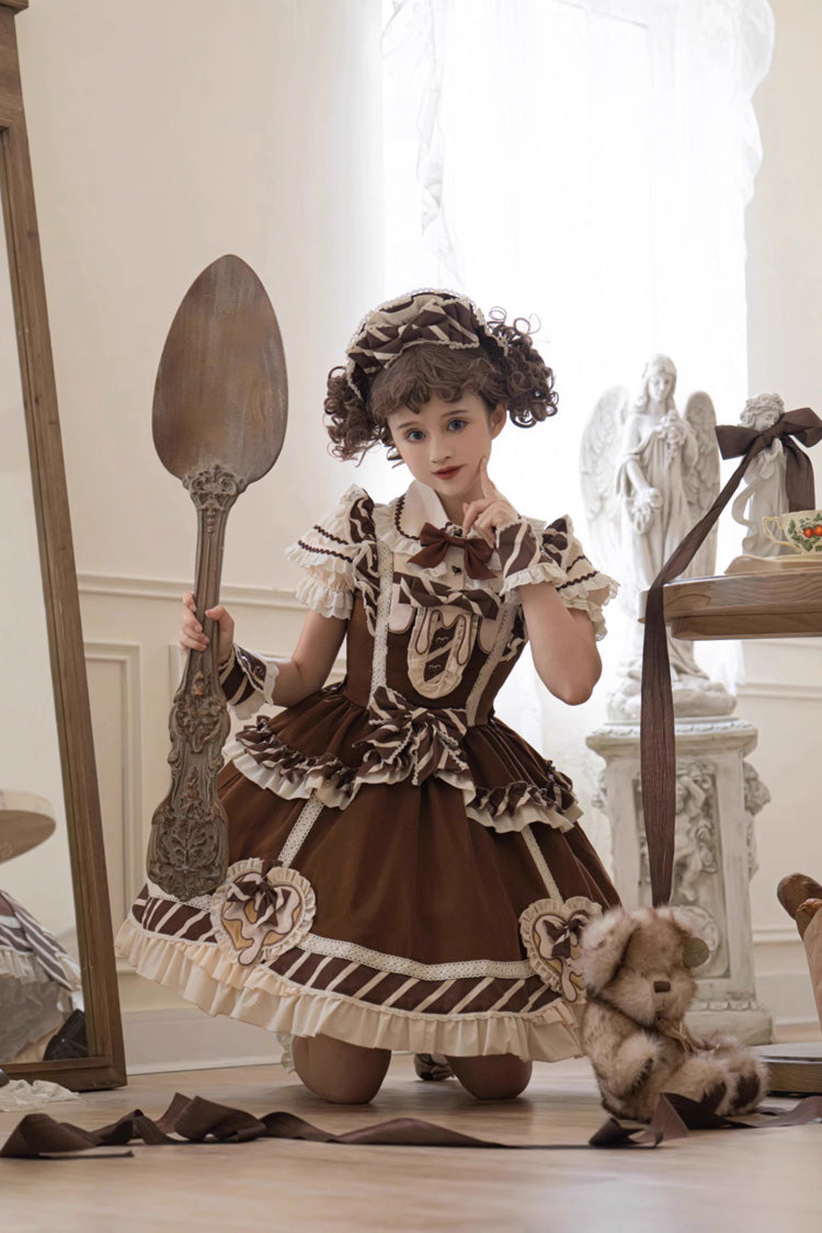 Brown Short Sleeves Print Ruffle Bowknot Sweet Princess Lolita Jsk Dress Set - Product - 5