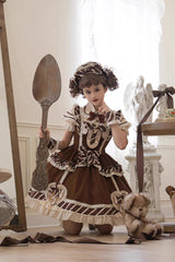 Brown Short Sleeves Print Ruffle Bowknot Sweet Princess Lolita Jsk Dress Set - Product - 5