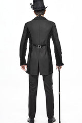 Black Retro Velveteen Front Floral Webbing Metal Button Weft Swallowtail Men's Gothic Coat - Product - 4