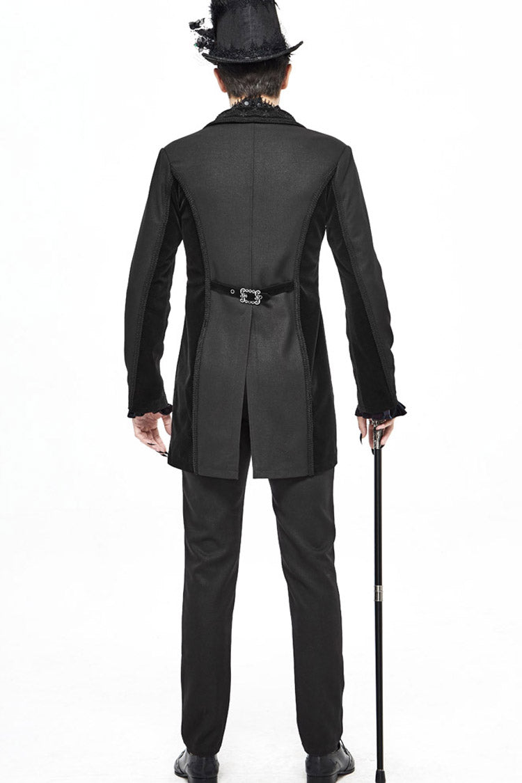Black Retro Velveteen Front Floral Webbing Metal Button Weft Swallowtail Men's Gothic Coat - Product - 4
