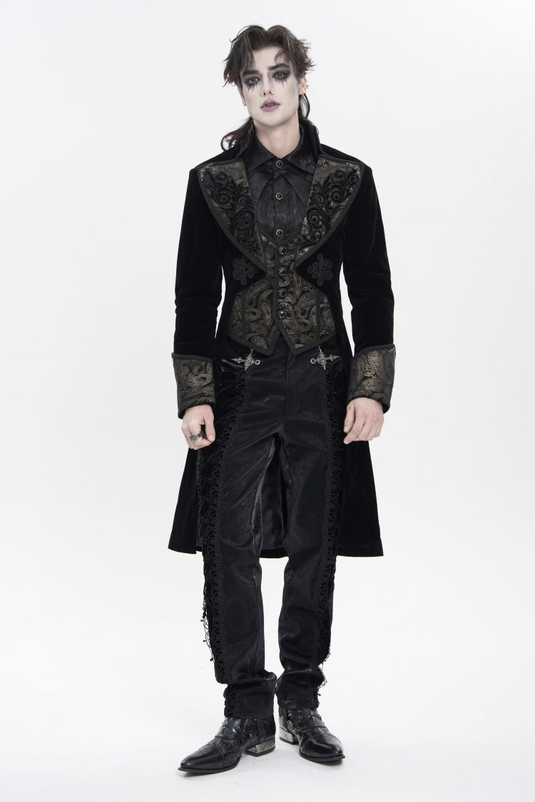 Black Lapel Collar Long Sleeves Jacquard Embroidered Slim Color-Blocked Men's Gothic Jacket - Black - 13