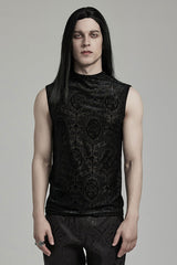 Black Sleeveless Beaded Cross Flocking Print Men's Gothic Tank Top - Black - 1