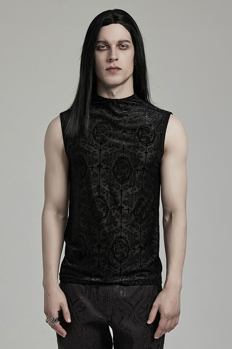 Black Sleeveless Beaded Cross Flocking Print Men's Gothic Tank Top - Black - 1