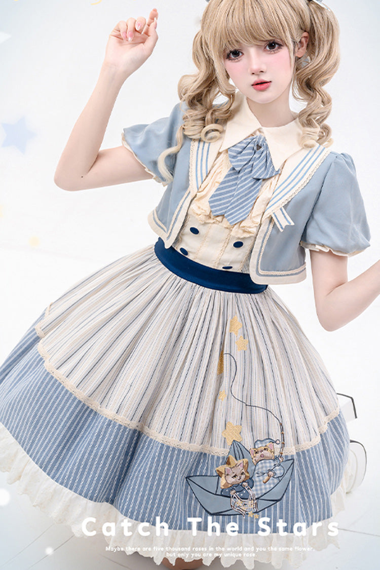 Blue/Ivory Catch The Stars Print Navy Style Sleeveless Ruffle Bowknot Sweet Lolita Dress - Product - 7
