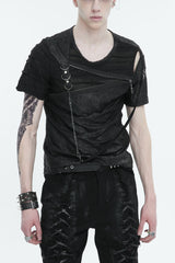 Black Left Off Shoulder Chest Zipper Embellished Men's Punk Short Sleeve - Black - 1