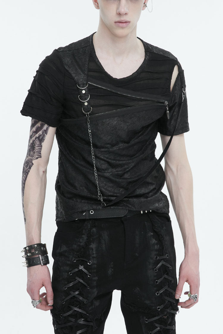 Black Left Off Shoulder Chest Zipper Embellished Men's Punk Short Sleeve - Black - 1