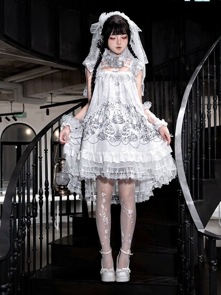 Gothic White Candle Print Waistless Lolita JSK Dress with Lace Details + Choker + Candle Embroidered Brooch Set - view 24