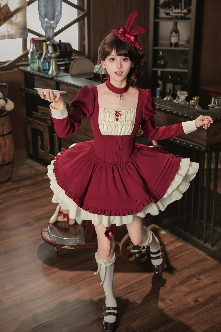 [Liya] Square Collar Long Lantern Sleeves Multi-Layered Ruffled Classic Elegant Lolita Dress 2 Colors (Black, Red) - Product - 13