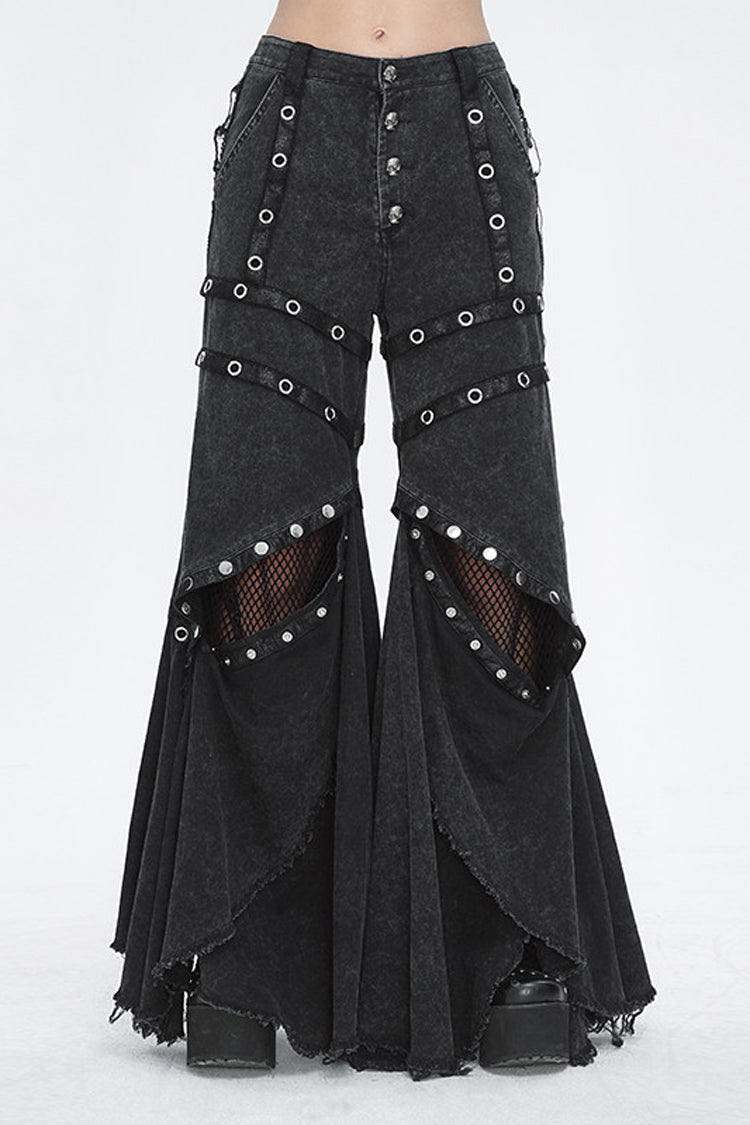 Black Mesh Eyelets Ruffled Flared Womens Punk Pants - Black - 1