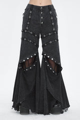 Black Mesh Eyelets Ruffled Flared Womens Punk Pants - Black - 1
