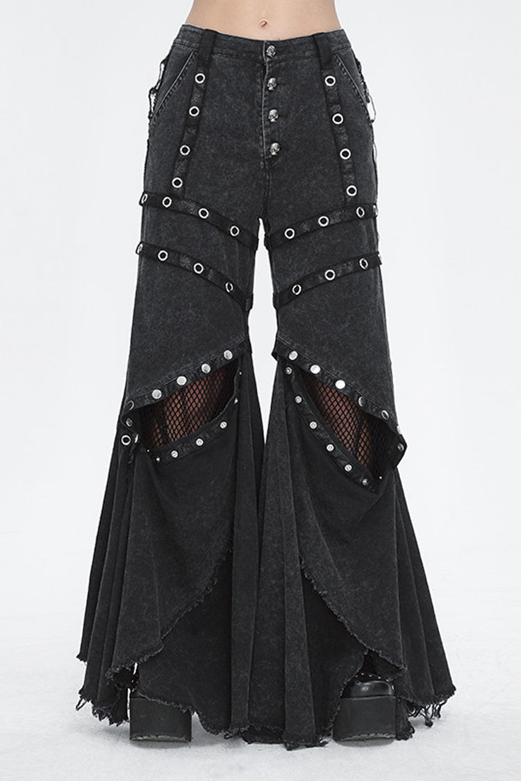 Black Mesh Eyelets Ruffled Flared Womens Punk Pants - Black - 1