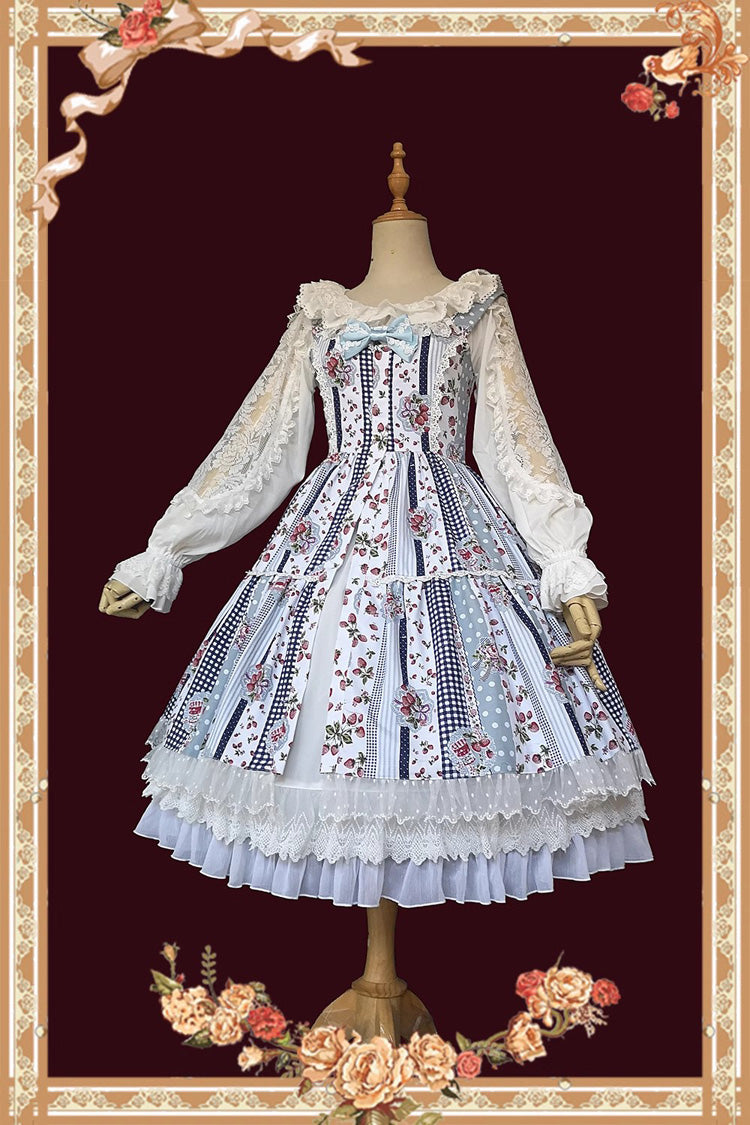 Light Blue Strawberry Plaid Print Bowknot Sleeveless Ruffle Sweet Lolita Dress - Product - 3