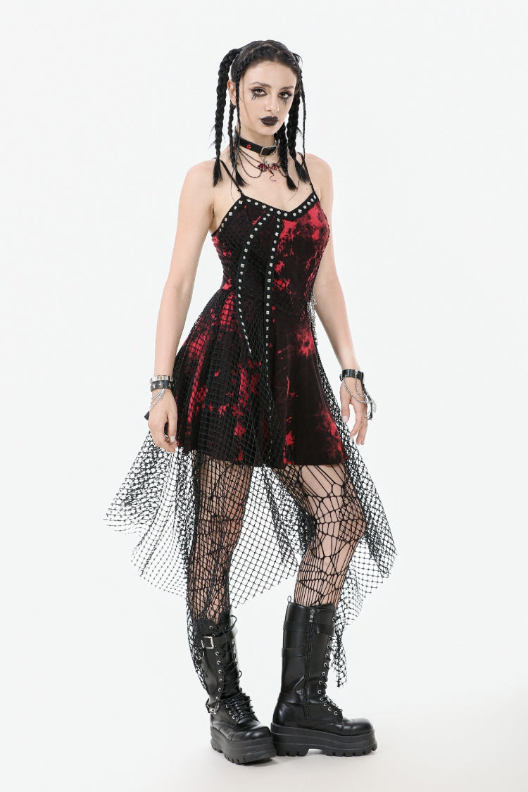 Red Sleeveless Mesh Hem Asymmetric Tie-dyed Women's Punk Slip Dress - Product - 9