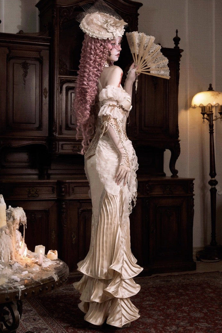 Golden [Cupid’s Poetry Box] Halterneck Ruffled Embroidered Bow Lace Slim Fishbone Gothic Lolita Top and Skirt Dress Set - Product - 4