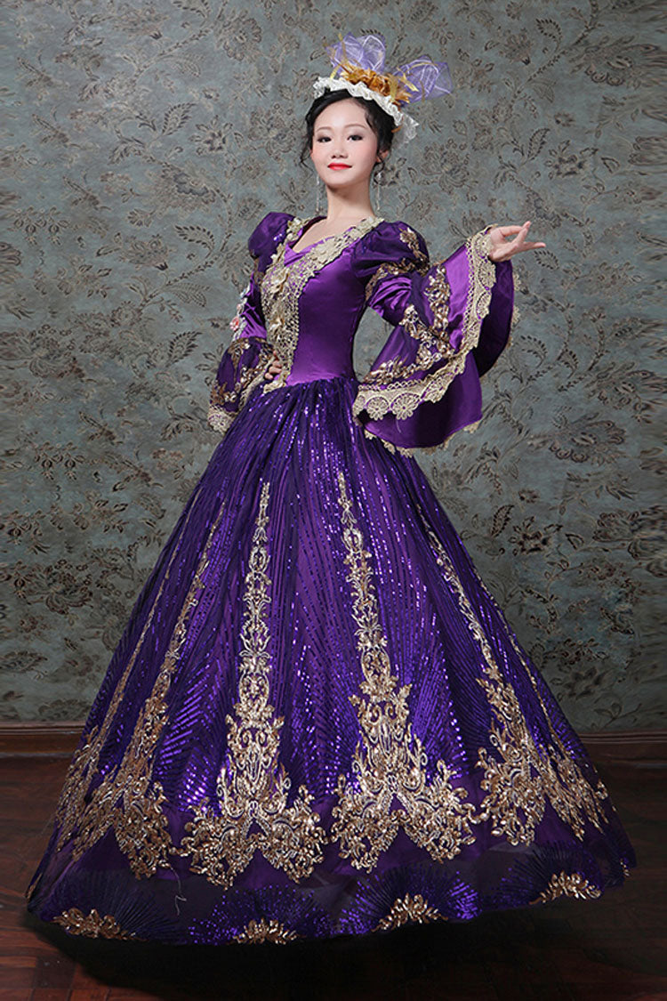 Hime Sleeves High Waisted Three Dimensional Hollow Embroidery Floral Print Ruffled Multi-Layer Victorian Lolita Prom Dress - Purple - 6