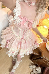 Pink Triple-Layered Bowknot Lace-Up Sweet Princess Ballet Lolita Jsk Dress - Product - 11