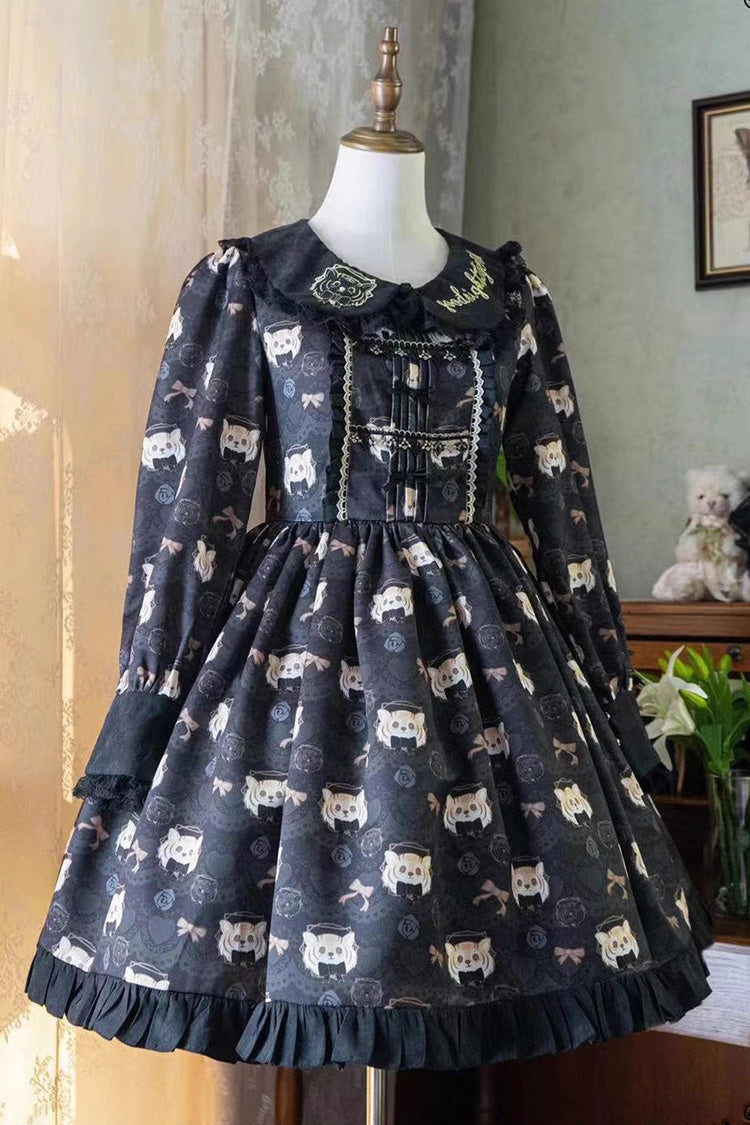 Black Long Sleeves Print Bowknot Sweet Plus Size College Style Lolita Dress - Product - 3