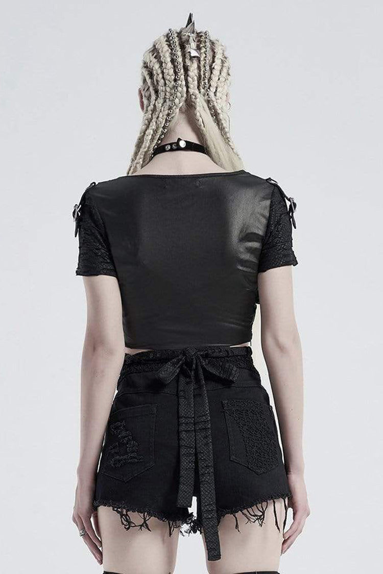 Black Knit V Neck Short Sleeve Back Waist Bandage Broken Holes Women's Punk T-Shirt - Product - 3