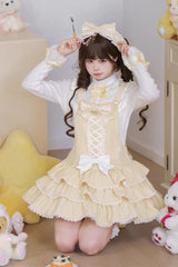 Yellow Nostalgic Showa Custard Cream Puff Sleeveless Triple-Layered Ruffled Bow Lace-Up Tiered Cake Sweet Jsk Dress - Product - 4