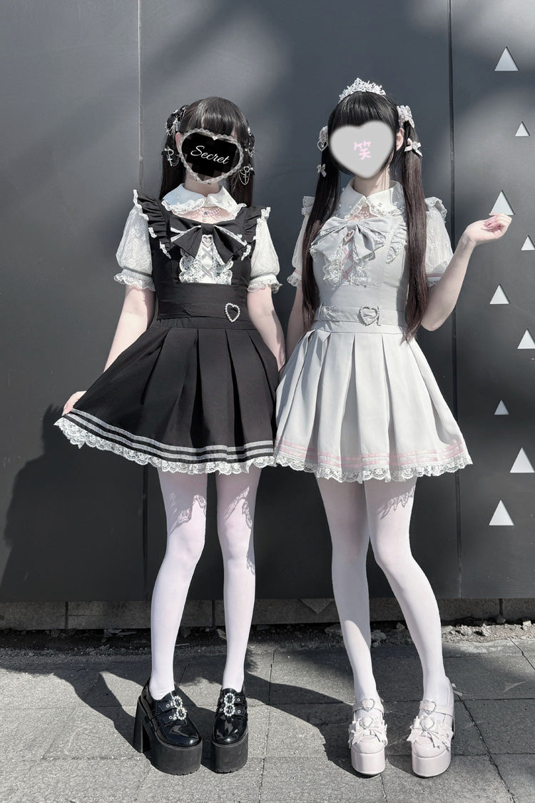 [Pearl Letter] Lapel Collar Short Sleeves Ruffled Bow Lace Jirai Kei Japanese Dress 2 Colors - Product - 10